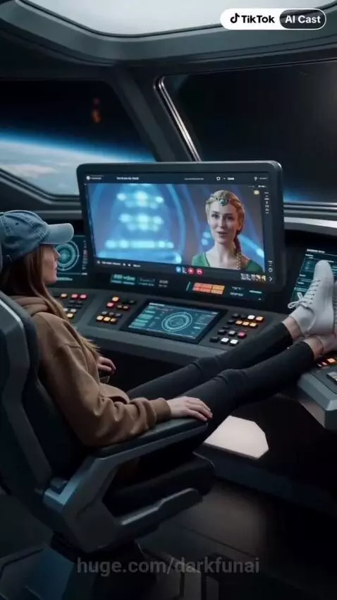 Pilot in spaceship cockpit receives a video call from her mom, with Earth visible outside.