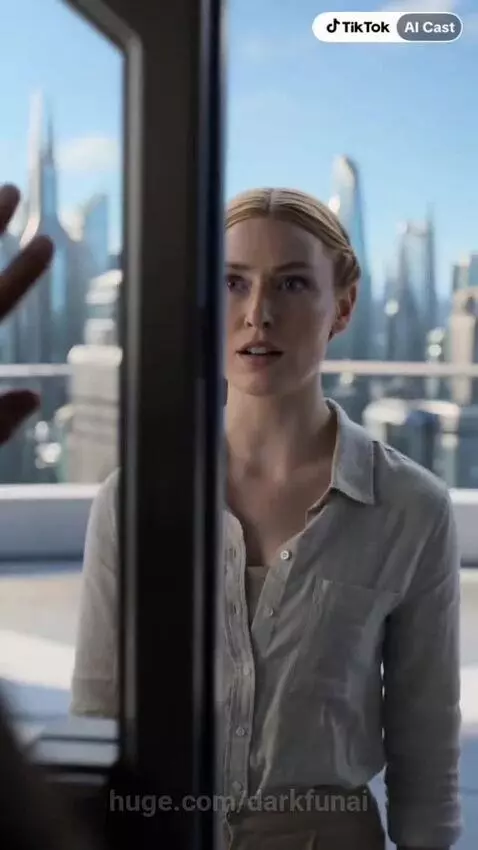 Woman on balcony surprised by father's arrival in futuristic Griff City.