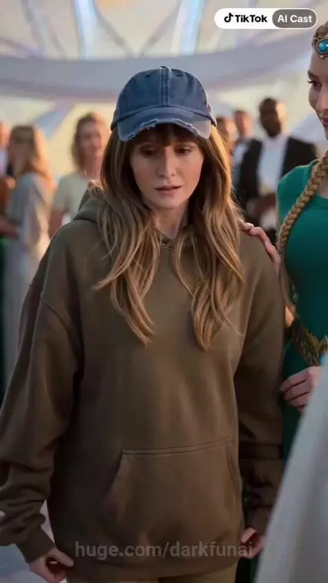 Woman in hoodie and baseball cap stands between fantasy-dressed man and woman in a grand hall.