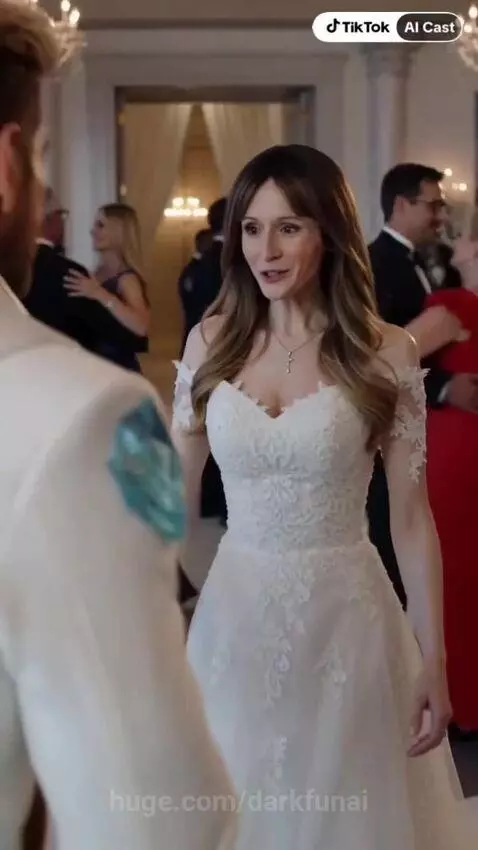 Man in a white and gold suit dances with a woman in a white dress in a grand, futuristic hall.
