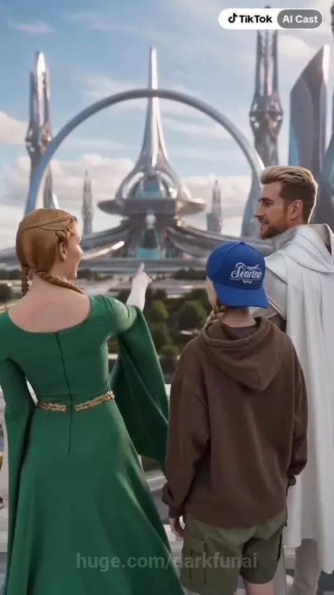 Three people on a futuristic balcony overlooking a sprawling city with ornate, towering buildings. One wears a green medieval dress, another futuristic attire.
