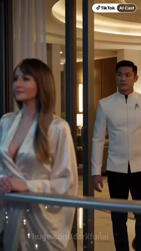 Woman in white robe on balcony with futuristic city view, man in uniform approaches.