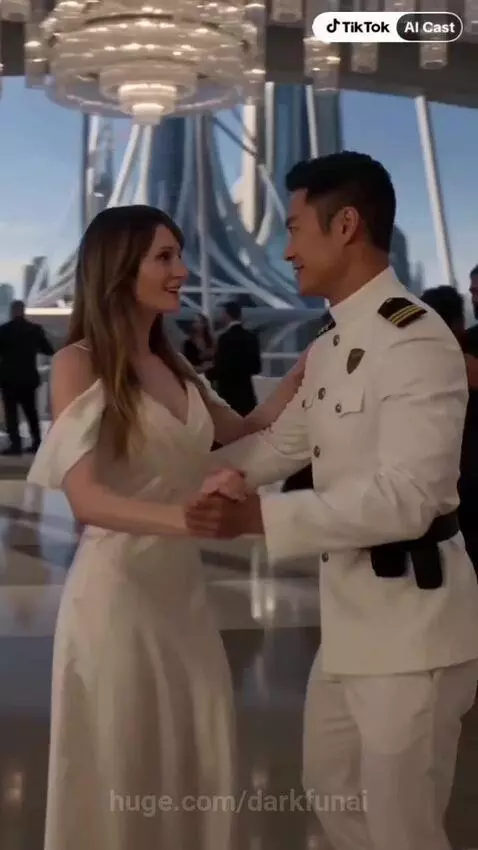Man in uniform dips woman in gown while dancing in a grand, futuristic ballroom with chandeliers.