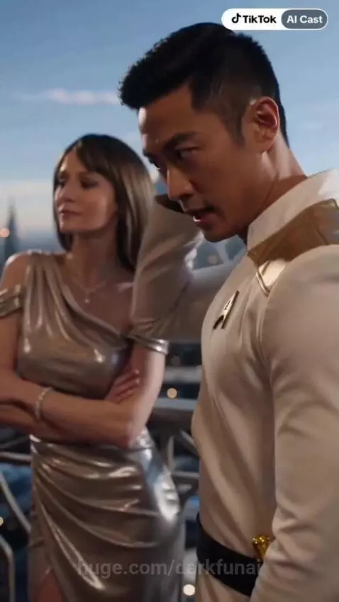 Woman in metallic gown on futuristic balcony with man in uniform, overlooking a city.
