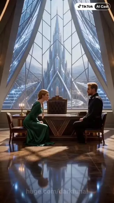 Man in uniform questions woman in green dress about marriage, revealing an alien invasion threat.