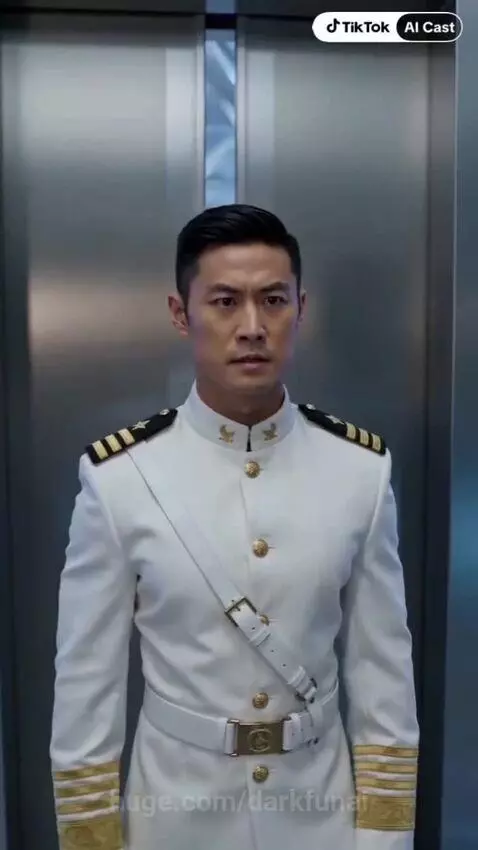 Man in military uniform in futuristic hallway, woman in silver robe steps out of elevator.