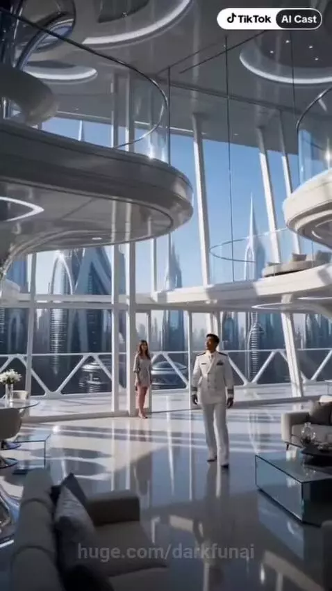 Woman in a grey satin robe in a futuristic apartment with floor-to-ceiling windows overlooking a city, gesturing to a man.