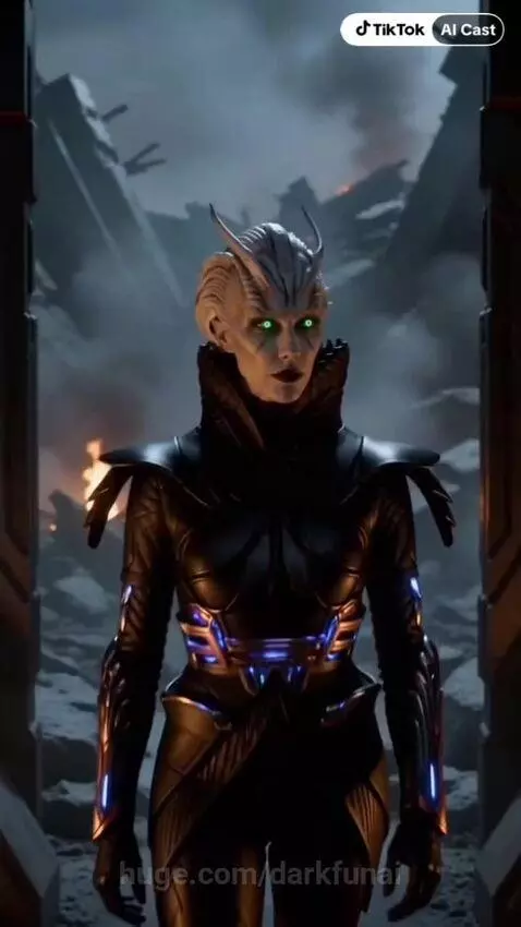 Female warrior with horns and glowing eyes in futuristic armor in a desolate, war-torn landscape.