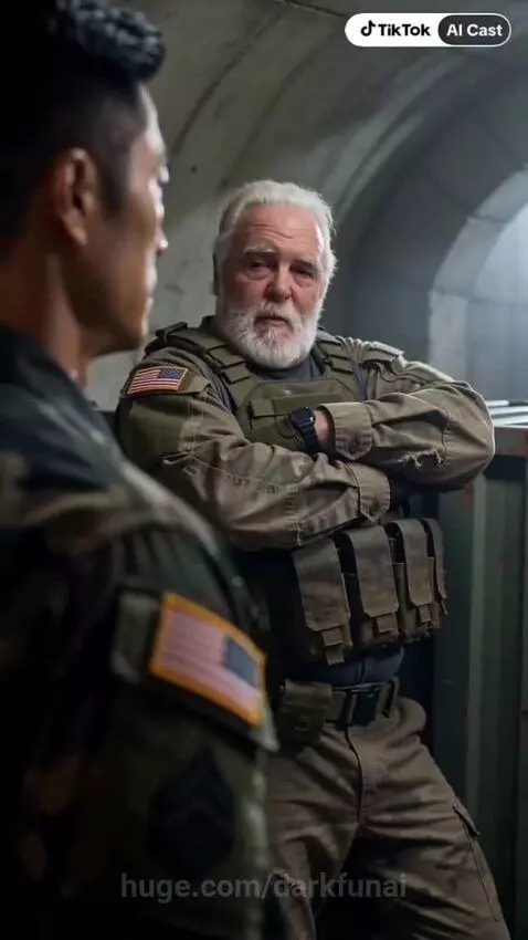 Two men in military uniforms in a dimly lit tunnel, one in camouflage, the other in a more formal uniform.