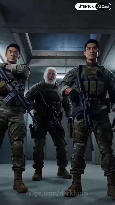 Four men in military camouflage and tactical gear with assault rifles, dropping into a concrete room.