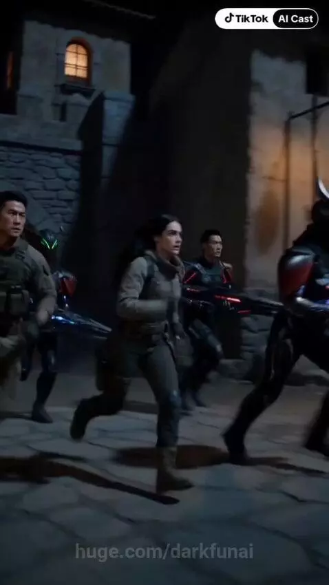 Armored soldiers running through a dark village at night, under attack by blue energy beams and flying vehicles.