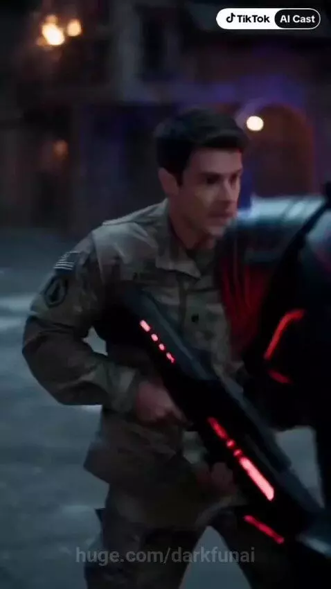 Soldier in military fatigues fighting an armored robot in a burning urban environment at night.