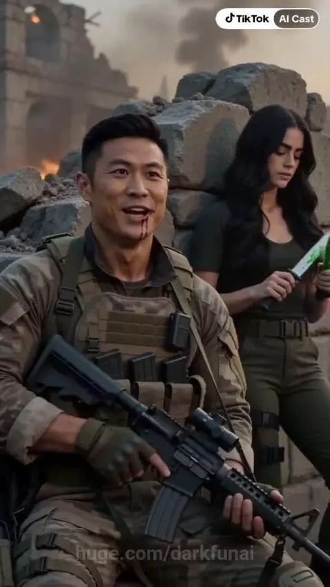 Soldier with blood on face smiles in ruined village with glowing castle and sunset in background.