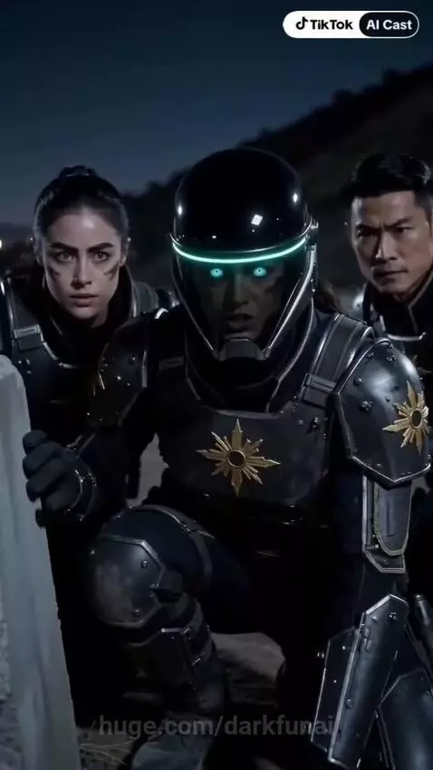 Two soldiers in futuristic armor crouch in a desert at night, observing a facility. A green laser sweeps the scene.