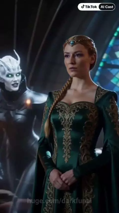 Empress with purple eyes in green and gold dress confronts a horned alien with glowing green eyes in a grand hall.