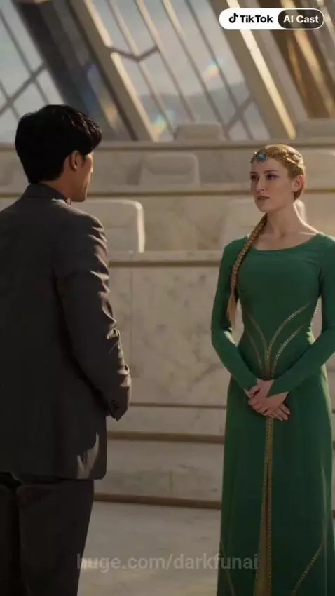 Woman in ornate headpiece and green dress behind podium, receiving decree from man in suit in grand hall.