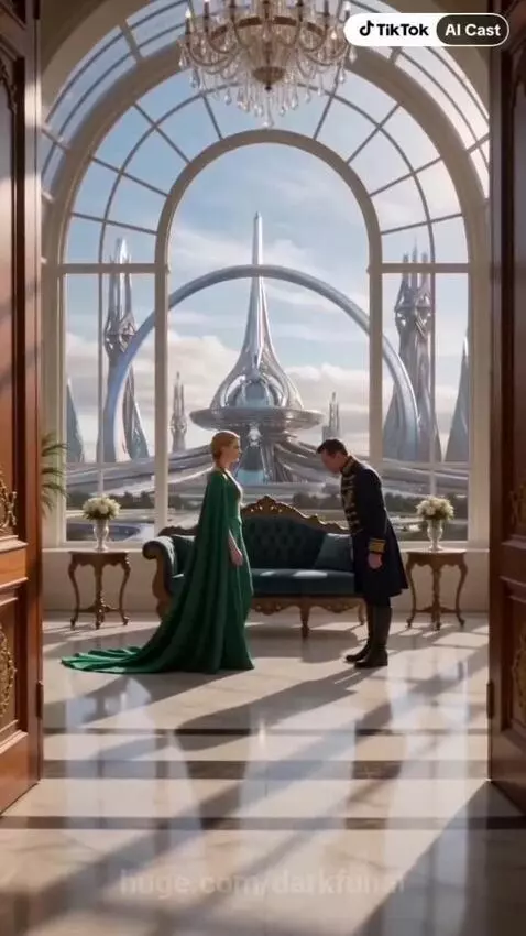 Empress in green gown and President in blue uniform in opulent room overlooking futuristic city.