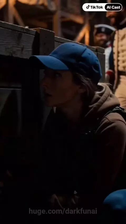 Woman in tactical gear escaping into a futuristic spaceship in a dimly lit hangar.