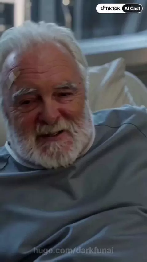 Elderly man in a futuristic hospital bed looking at a gleaming city skyline, with a woman in a green dress beside him.