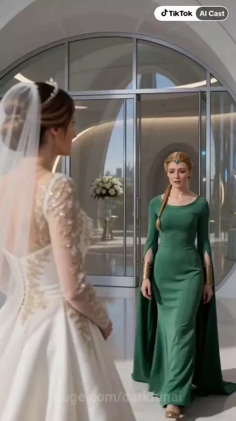 Bride in a white and gold gown with floating lilies, reuniting with her mother in a green gown.