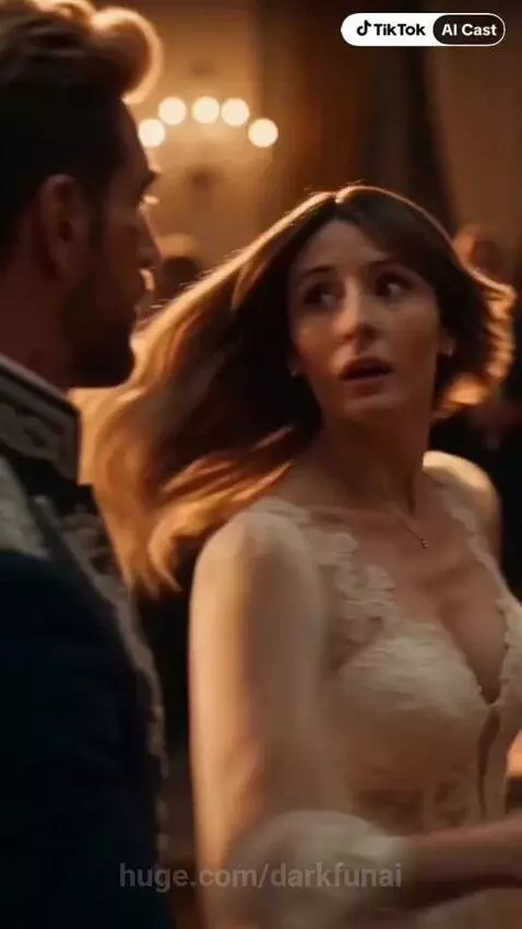 Couple dancing in a ballroom with a futuristic city view; man gifts woman a starship.