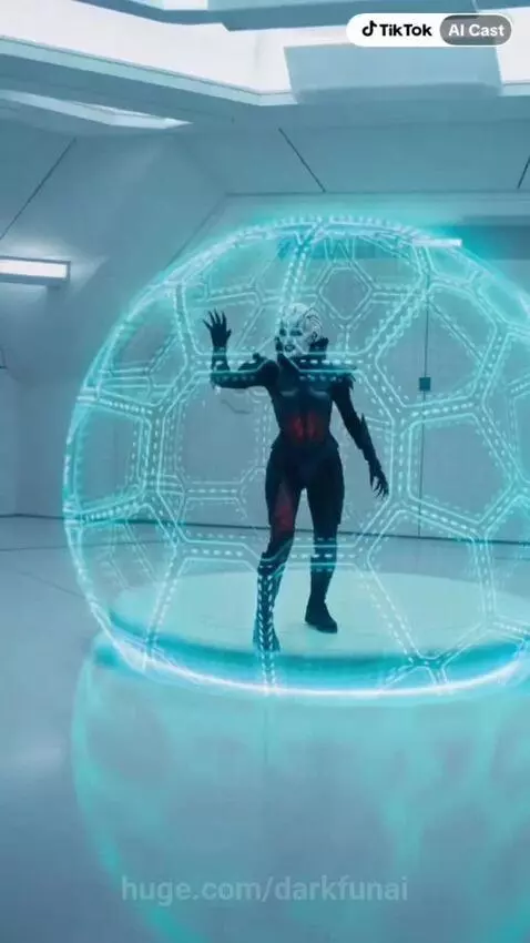 Female alien with green eyes and futuristic suit trapped in a blue force field, facing a man in a red jacket.