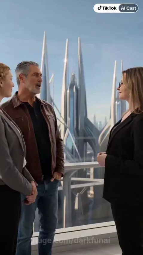 Three people in a futuristic city setting, Empress Irmengard tells Sky her son Griff gave up his royal status.