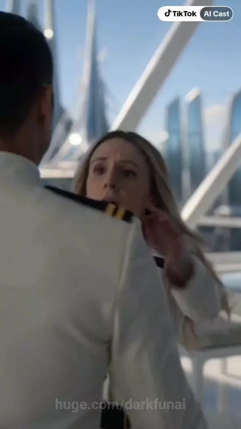 Man in white uniform with blue aura rescued by woman, Stormtroopers emerge from doorway.
