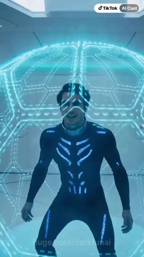 Man in a futuristic black suit with glowing blue patterns, standing in a blue energy field, smiling menacingly.