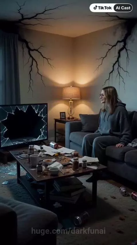 A Gollum-like creature emerges from a shattered television screen in a dark room, grabbing a spice jar.