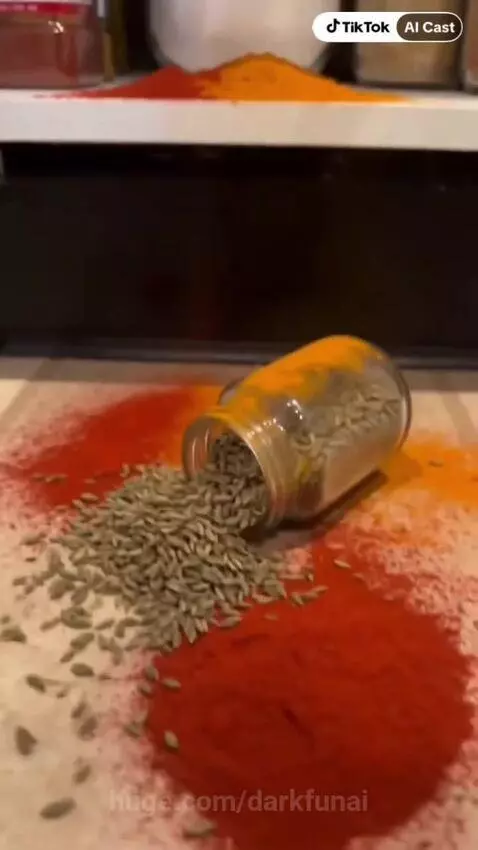 Gollum-like creature in a kitchen, with spices spilled on the floor.