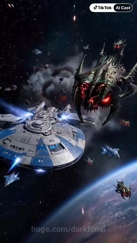Sleek blue and white spaceship battles a large alien vessel, leading to a massive explosion above a planet.