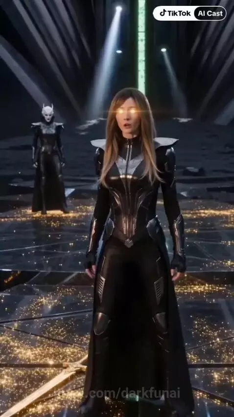 Two female characters in a futuristic setting, one with a golden sword and energy blast, the other disintegrating into particles.