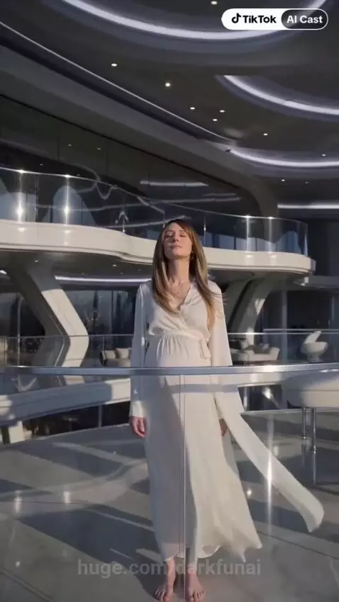 Pregnant woman and man embracing on a modern balcony with a city skyline view.