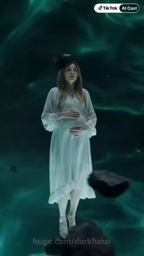 Pregnant woman in white dress in dark space with green energy, facing two monstrous figures with glowing green eyes.