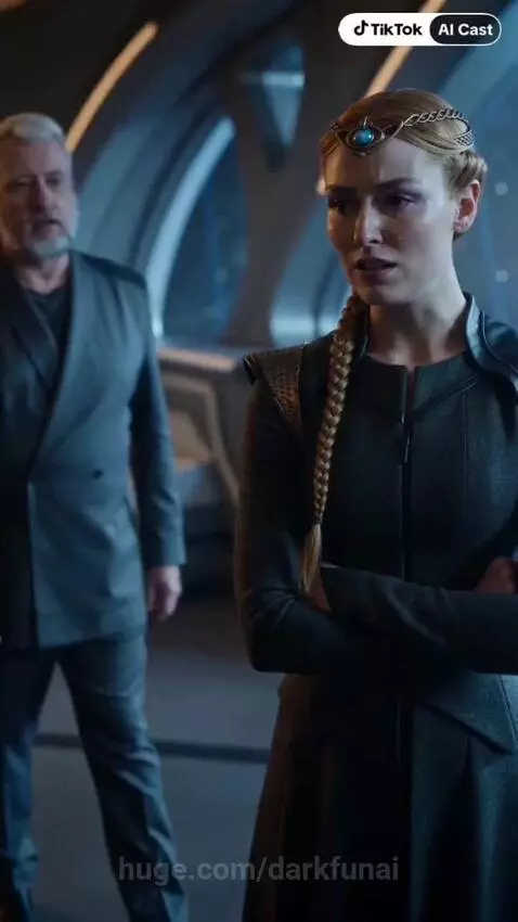 Woman in futuristic dress with metallic accents confronts an older man in a suit, with a planet visible outside a window.