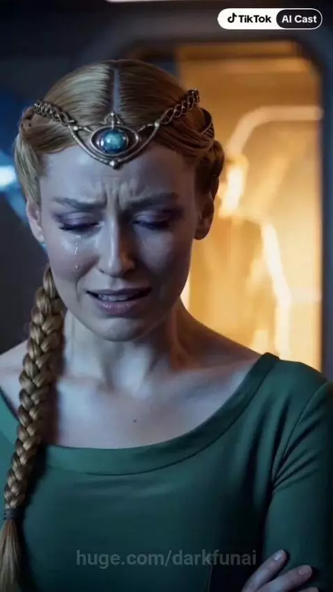 Woman in green dress and headpiece crying, looking out a window at space. Man enters concerned.