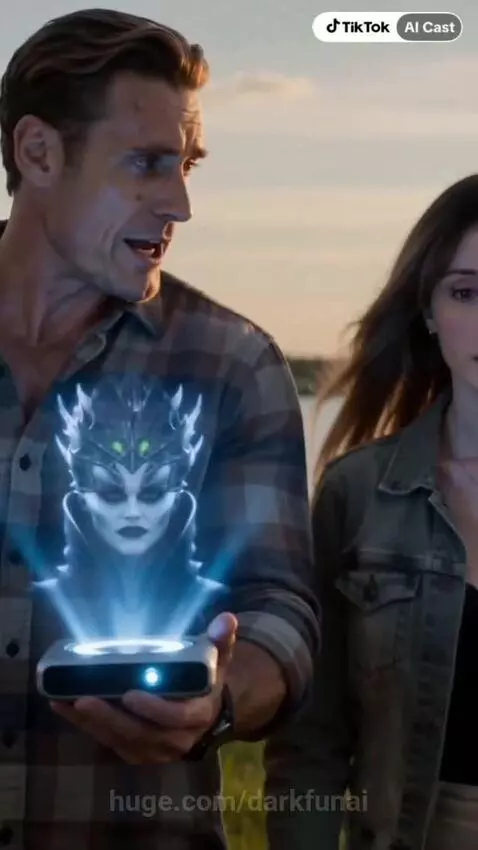 Man projects a blue holographic female figure in a grassy field at sunset with water in the background.