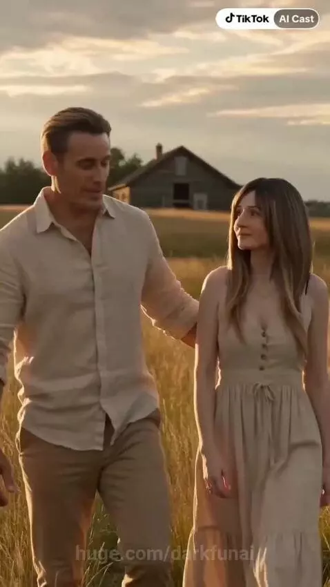 Father and daughter talking in a golden field at sunset with a barn in the background.