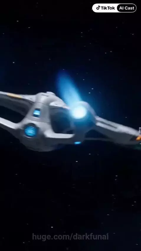 Futuristic spaceship in a battle with a menacing alien vessel, then a spaceship bridge scene with a captain receiving a hail.
