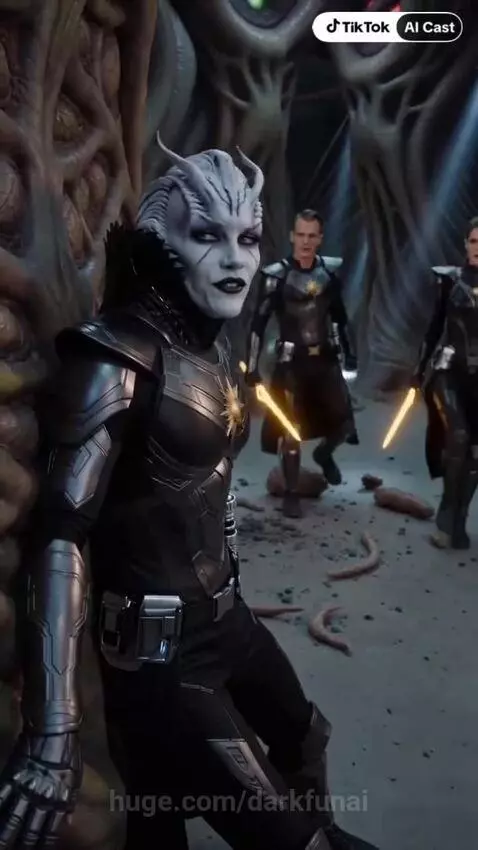 Horned character in dark armor transforming with golden energy, facing characters with red lightsabers.
