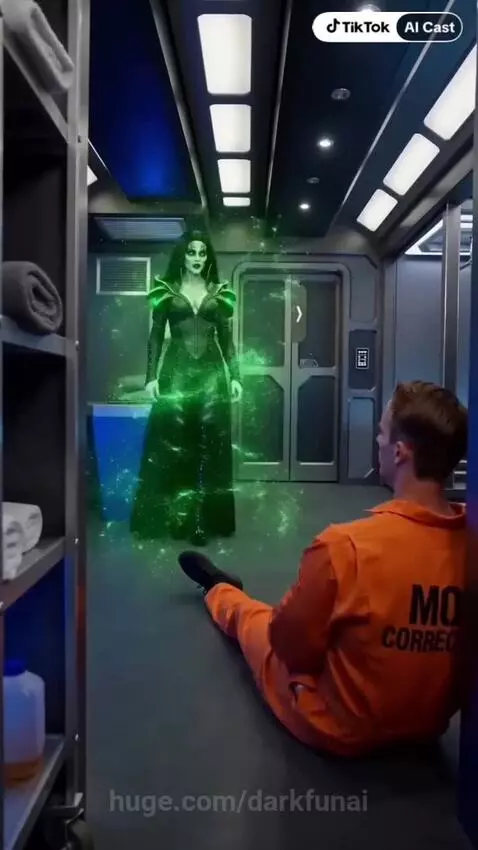 Woman in elaborate costume with glowing green eyes confronts a man in a futuristic cell, holding a protein shaker.