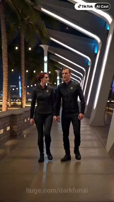Woman with glowing green eyes and elaborate headpiece in a futuristic setting, touching a man's forehead.