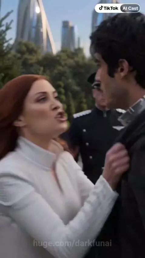 A woman in white confronts a surprised man by a reflective pool in a futuristic city, with guards present.