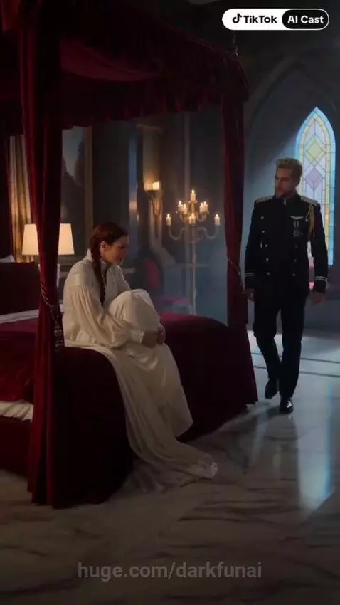 Distressed Empress in white gown confronts Emperor in military uniform on a red four-poster bed.