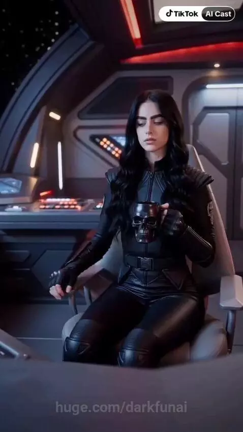 Futuristic spaceship captain facing an ominous alien vessel and a horned alien projection.