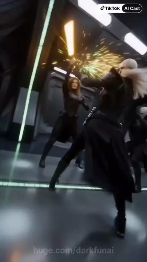 Spaceship firing laser at alien hive ship, followed by a lightsaber fight scene.