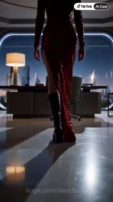 Woman in red dress embraces man in white suit in futuristic room; another woman reacts with shock and anger.