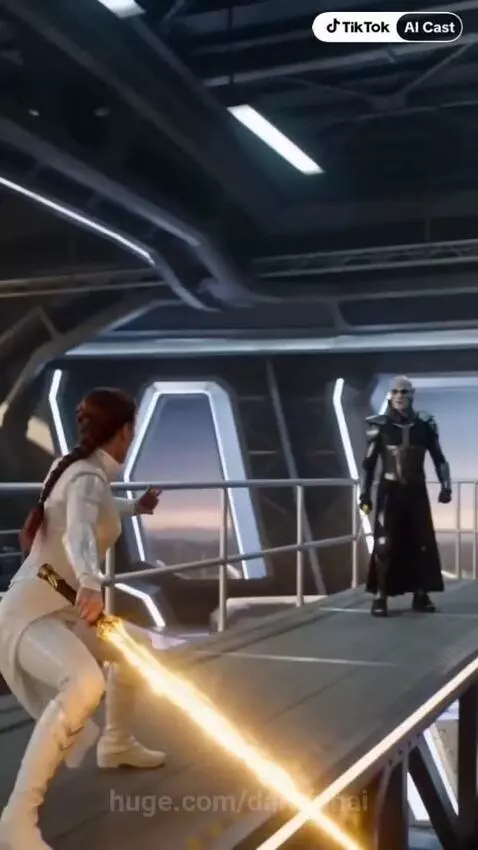Woman in white futuristic outfit with glowing sword confronts bald man in dark armor.