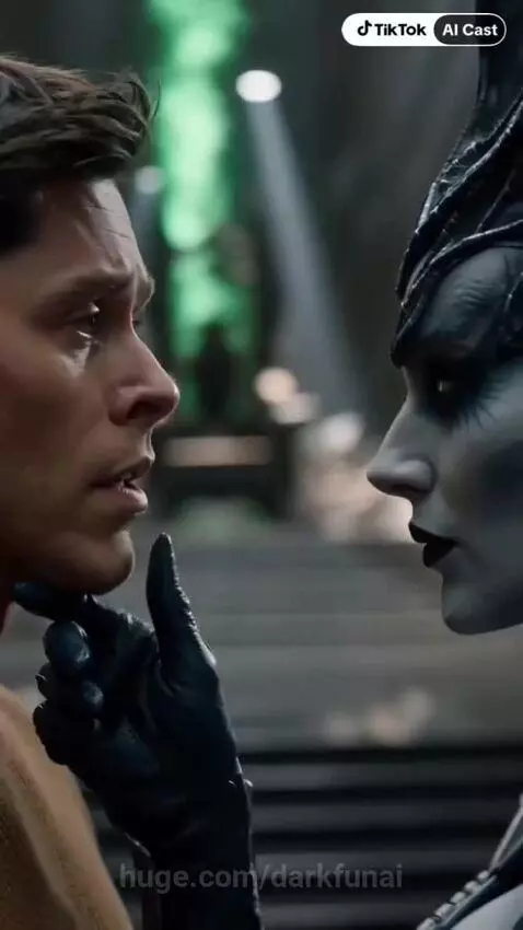 Woman in catsuit distressed as alien queen drains prince's life force, surrounded by blue and orange energy.